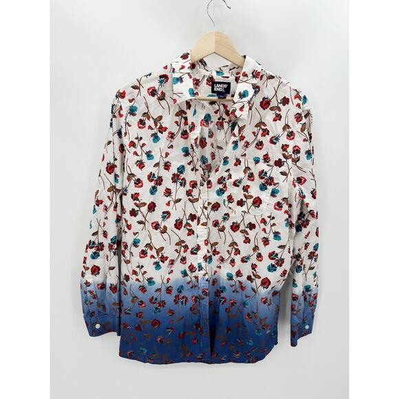 Lands' End Top Women XL White Blue Ombre Floral Print Button Down 100% Cotton - Picture 1 of 10